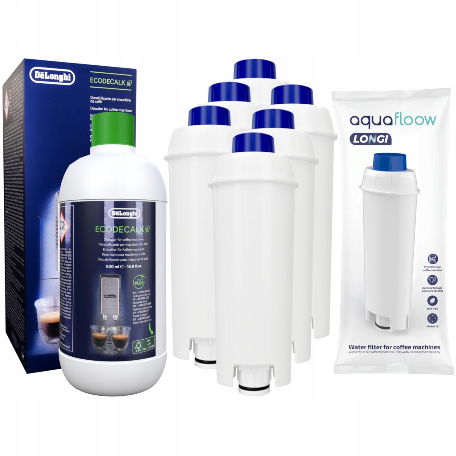 6× Vodný filter do kávovaru AquaFloow Longi biely + Delonghi Ecodecalk DLSC500 odstraňovač vodného kameňa 500 ml